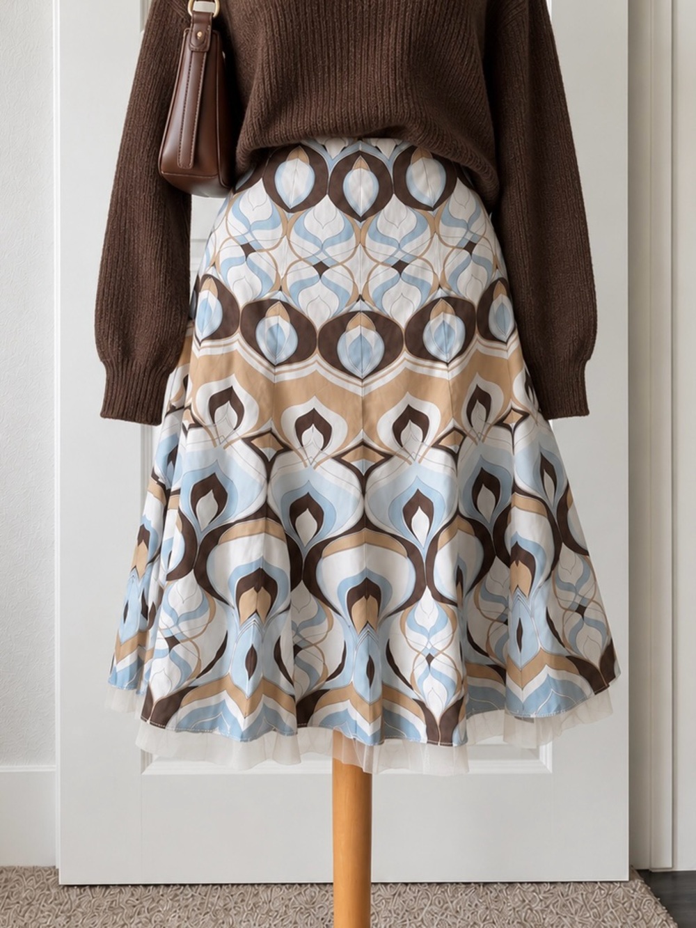 Y2K Gianni Bini 100% Linen Midi Skirt Size 12 Blue Brown Tan Geometric Print Lac